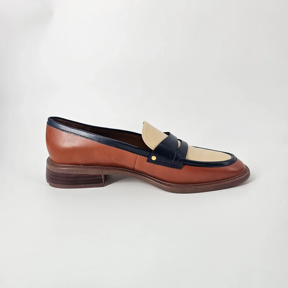 Franco Sarto Edith Penny Loafers Womens 8.5 Brown Navy Colorblock Preppy NWOB